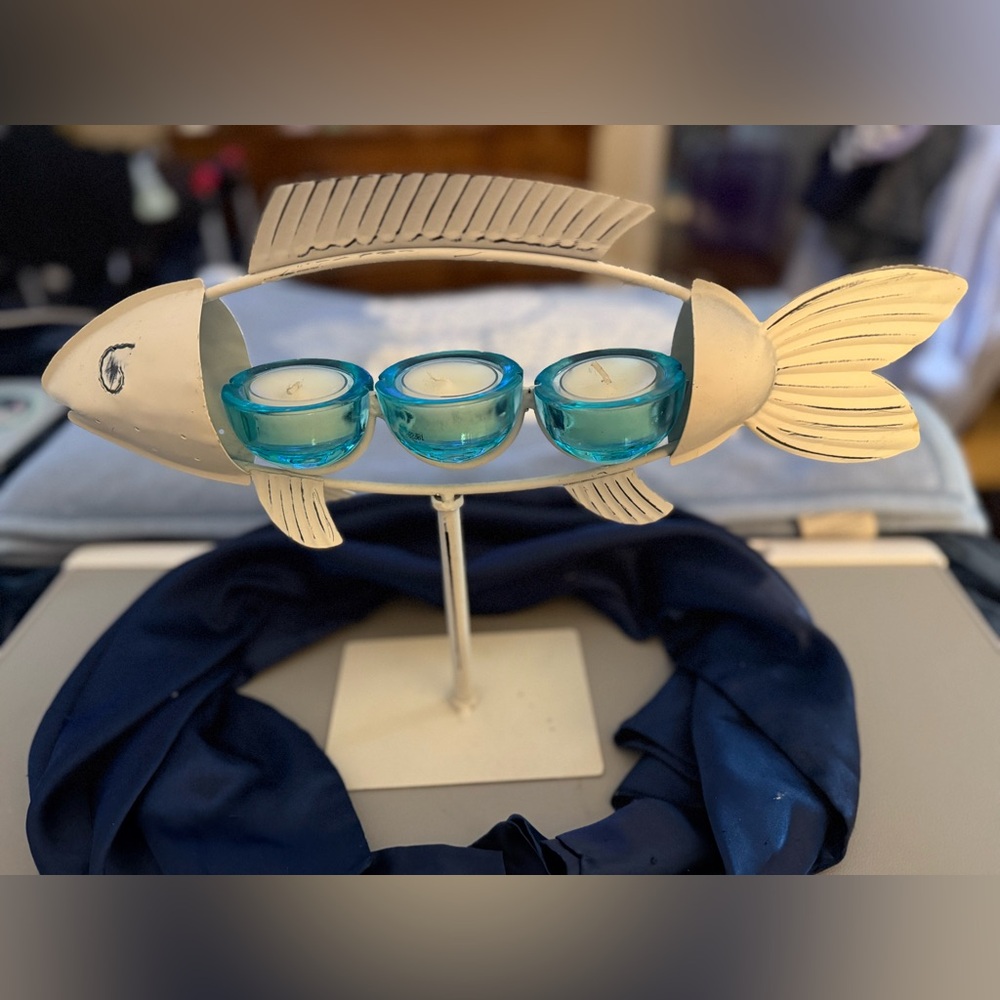 Fish-Shaped Candle Holder with Blue Accents
